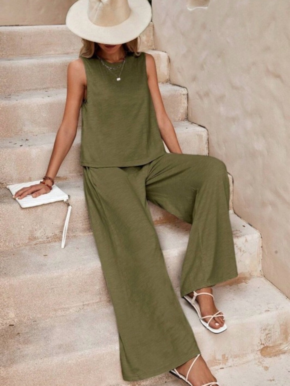 Relaxed Wide-Leg Jumpsuit Set - Olive